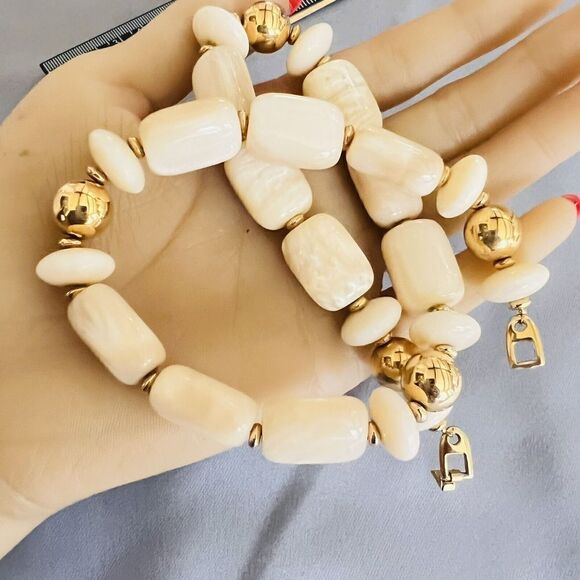 Vintage Napier Lucite Pearlized Earth Gold Tone Beaded Necklace Chunky 1457 - Picture 6 of 10